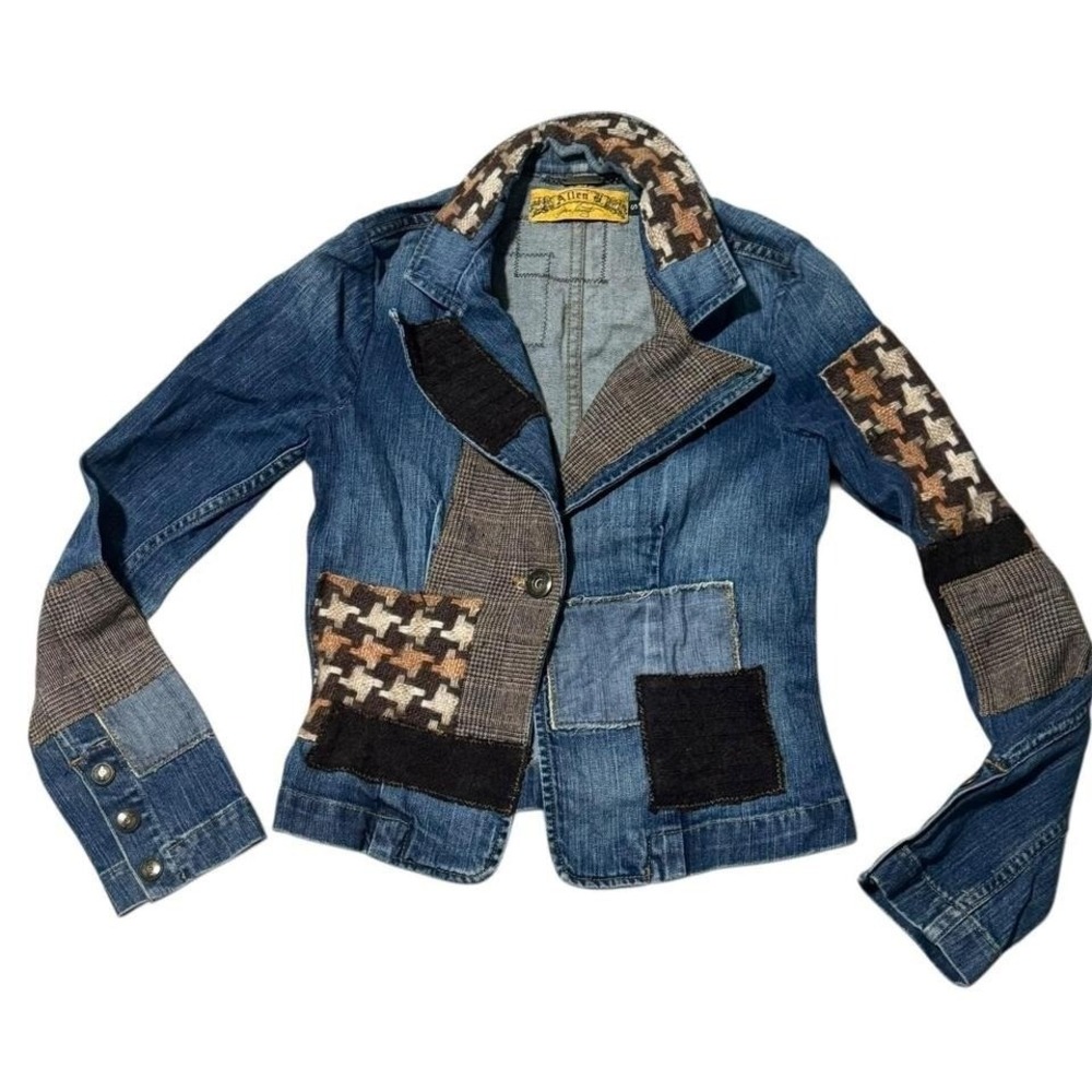 Allen Schwartz Y2K Denim Patchwork‎ Jacket Sz S Houndstooth Plaid Boho grunge